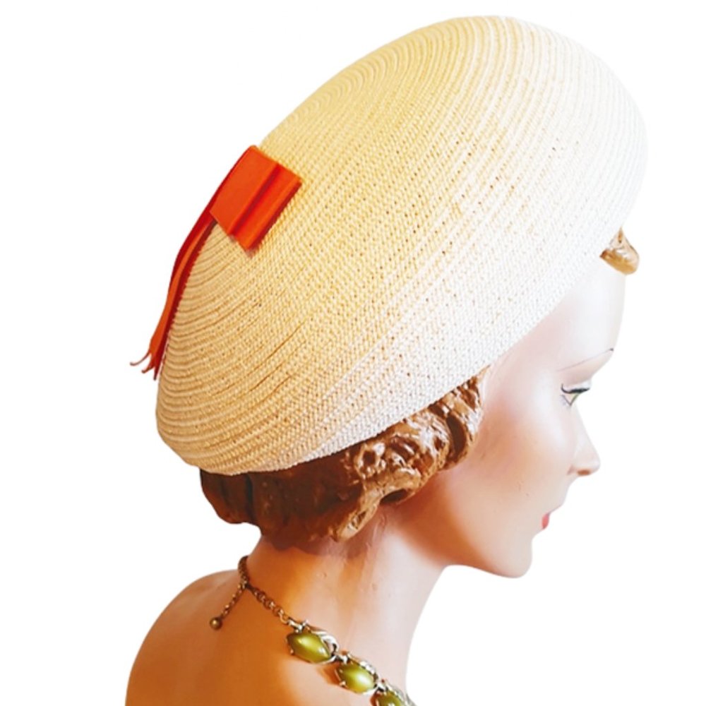 1960s Vintage Designer Big Bubble Beret Hat Tan and Orange Trim Hattie Carnegie